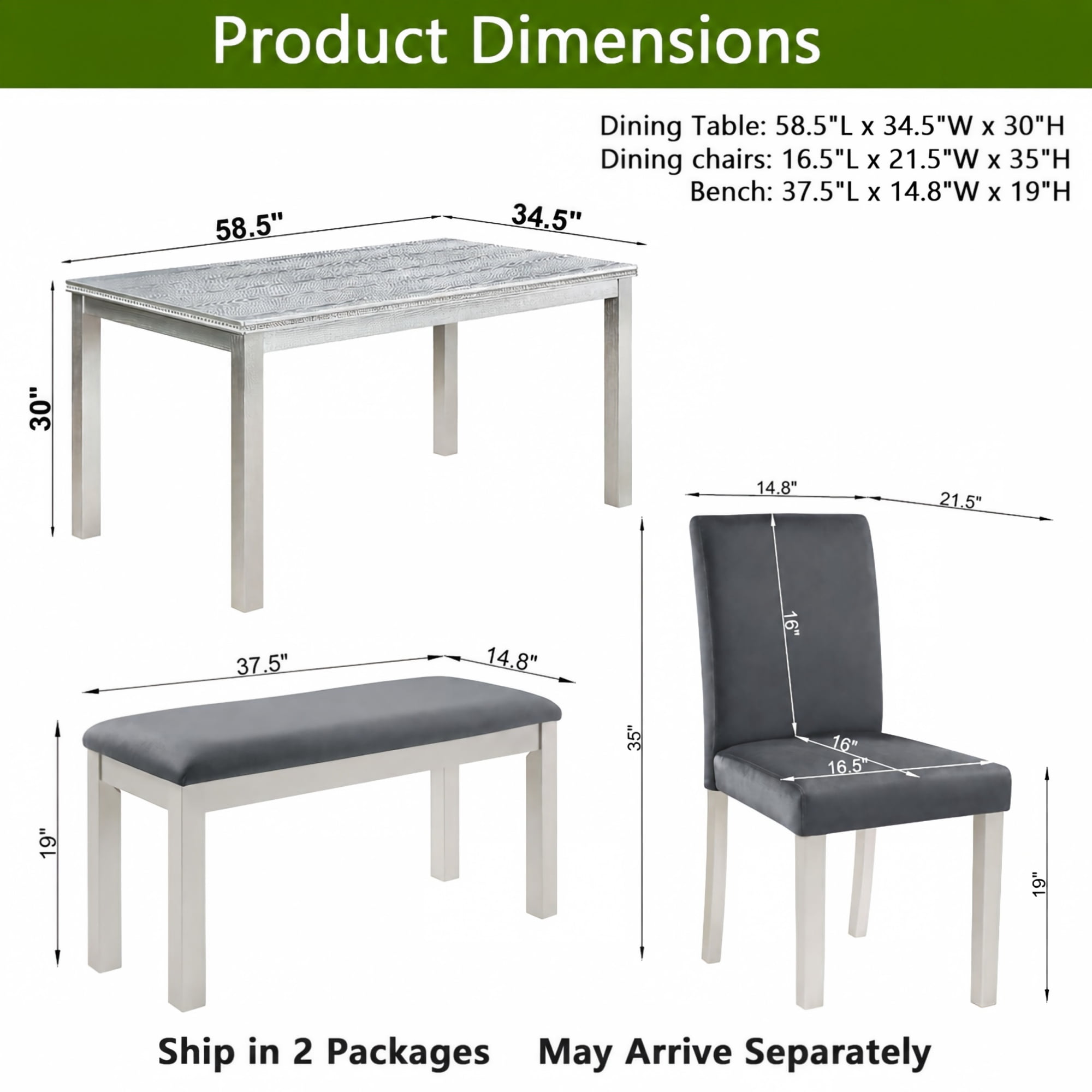 BSHTI 58.5" Modern Wood 6-Piece Dining Table Set with Upholstered Chairs, Bench, Strong and Durable for Kitchen/Dining Room（Silver Grey）
