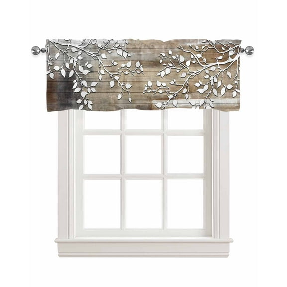 White Branches Kitchen Valances for Windows Farmhouse Linen Window Valance Curtain for Living Room Window Treatment Brown Beige Wooden Grain Valance Rod Pocket Topper Drape, 60 x 18 Inch