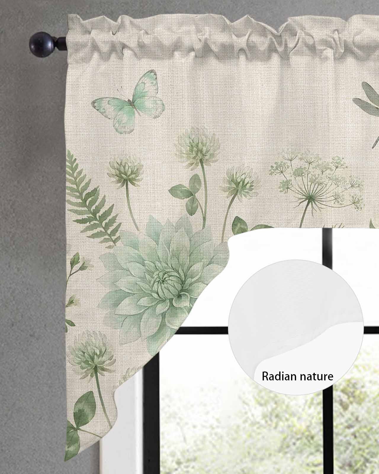 Green Floral Swag Valances for Windows 56 x 36 Rod Pocket Light Filtering Window Topper Summer Spring Green Dragonfly Butterfly Linen Texture for Kitchen Bathroom Bedroom Living Room