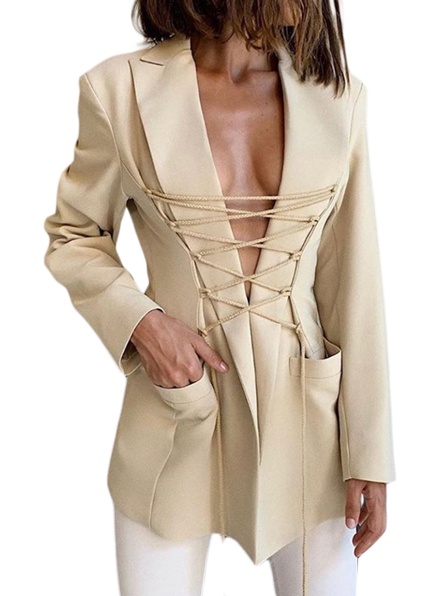 Lace Up Blazer Female Lapel Collar Long Sleeve High Waist Plaid Slim Coats for Women