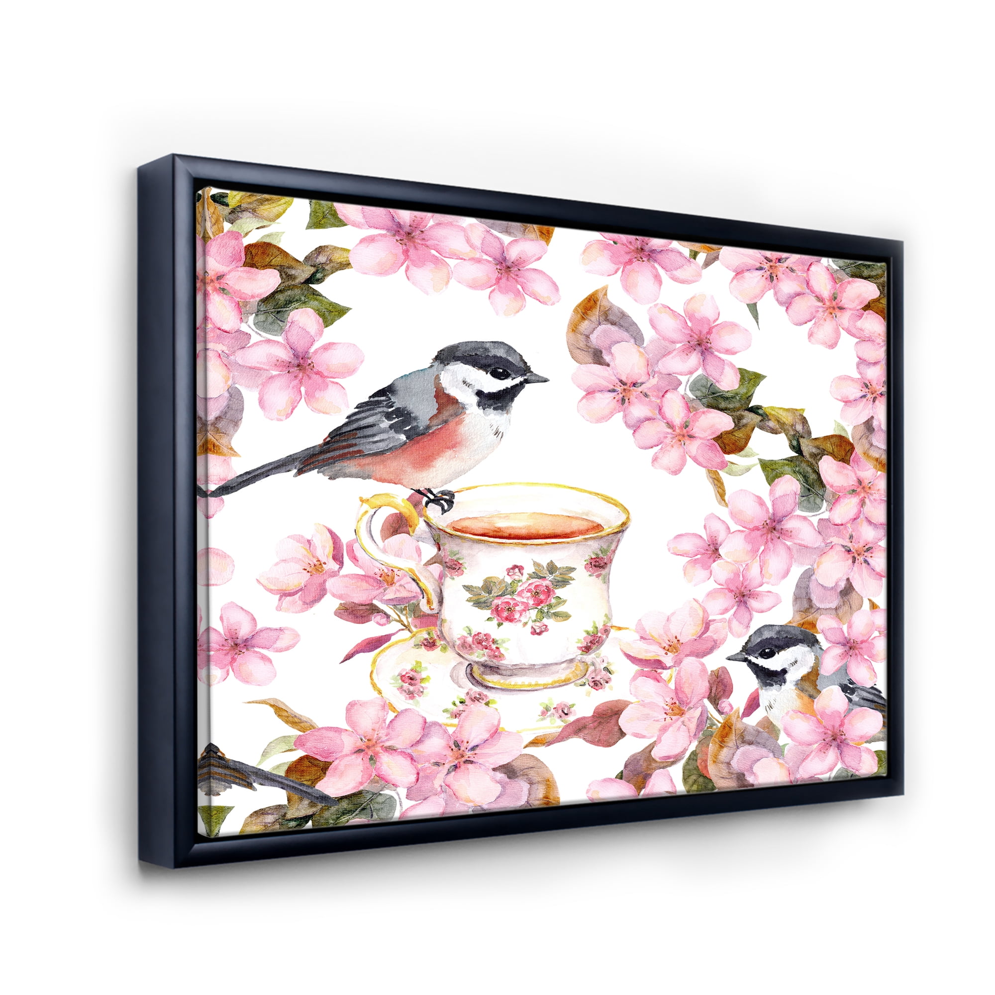 Designart 'Tea Cup Birds and Pink Flowers' Traditional Framed Canvas Wall Art Print
