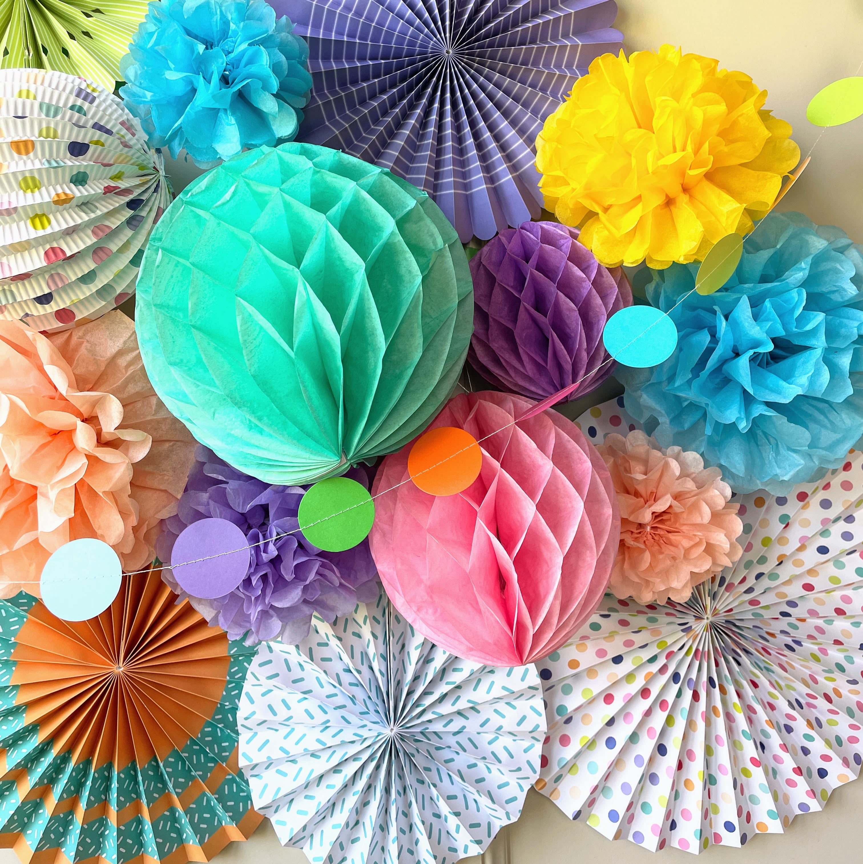 PapaKit Premium Paper Decoration Set - Pom Pom, Honeycomb and Accordion Lantern (Festive Colors) Birthday Party Baby Shower Bride to Be Engagement Wedding Events