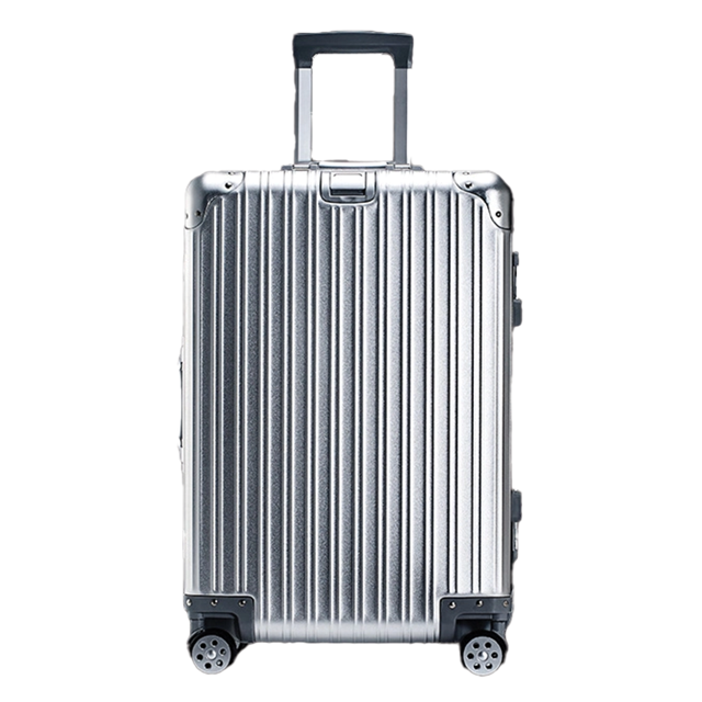 set de 3x maletas para viaje: carry on 20, documentada 29 y bolsa de cosmeticos 6 minimalista & elegante de aluminio vom wald® - color plateado Maleta carry-on de 20" en aluminio plateado, vista frontal centrada con tirador telescópico extendido, costillas verticales, esquinas metálicas y cuatro ruedas giratorias 360°. El set incluye además la maleta documentada de 29" y una cosmetiquera blanca de 6" de plástico, adecuada para organizar accesorios de viaje.