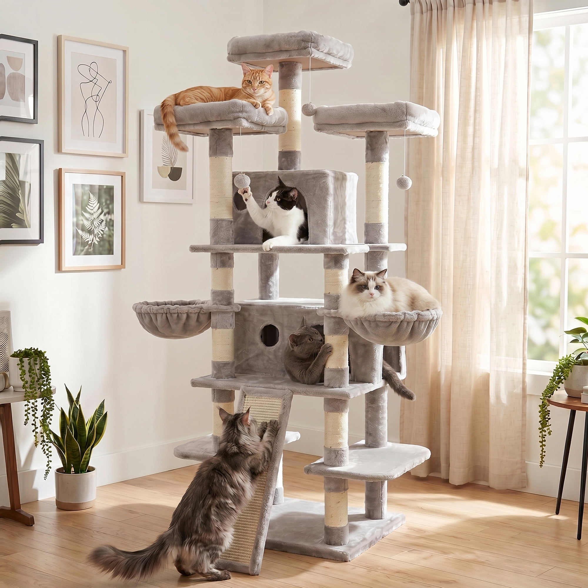 FOOWIN 70.8" Large Cat Tree, Multi-Level Cat Tower with Sisal Scratching Posts, Cat Activity Center Cat Play House, Gray