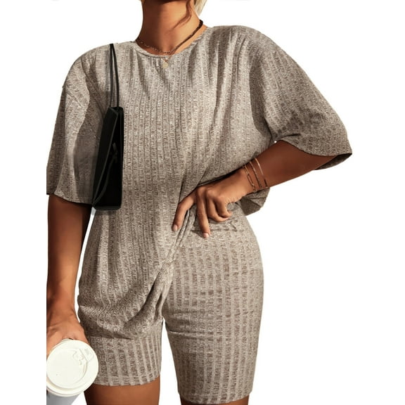 Avidlove Women Plus Size Pajamas Set Ribbed Knit 2 Piece Lounge Sets T-shirt with Biker Shorts Matching Outfits Loungewear Sweatsuits