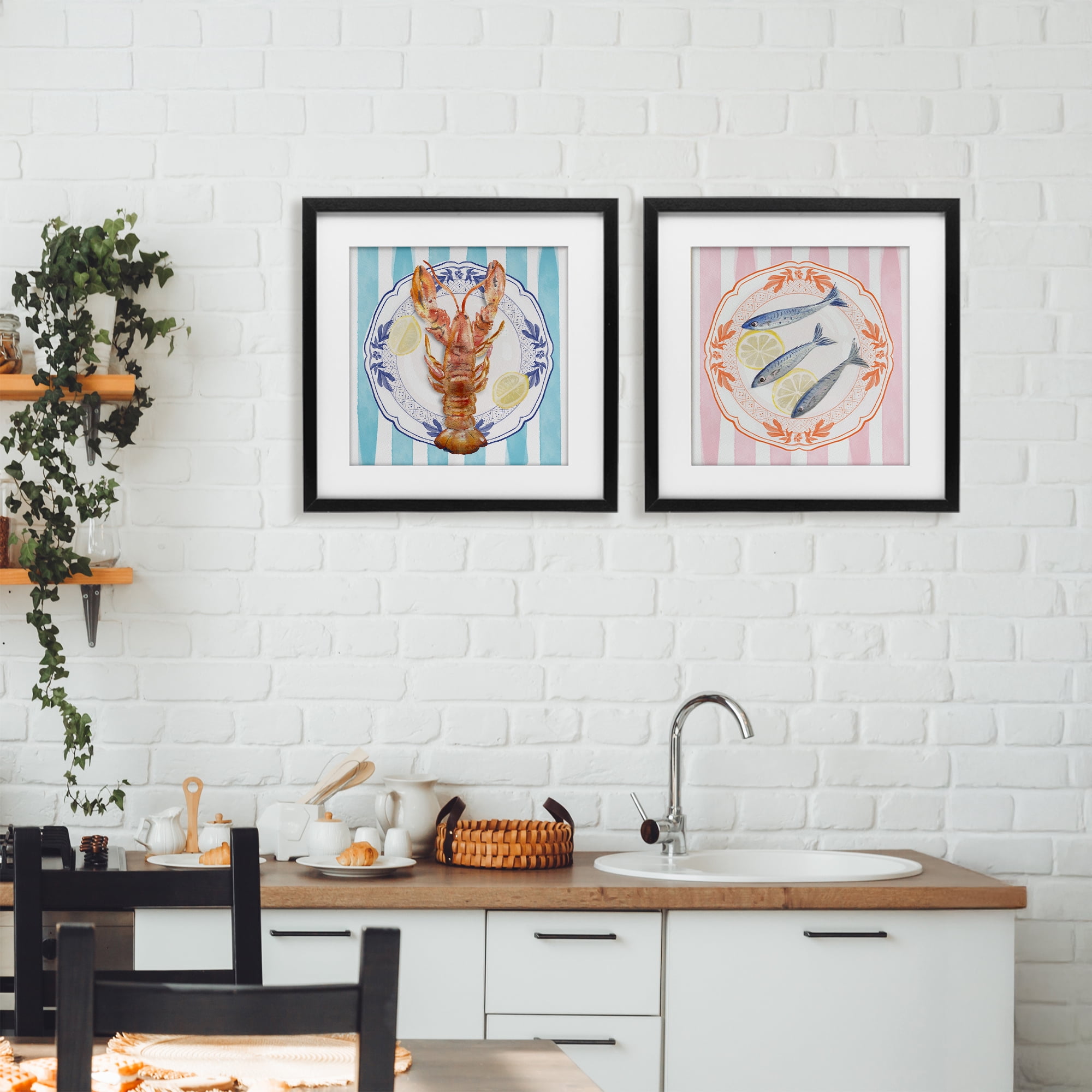 Stupell Industries Lobster & Sardines Plates 2 Piece Black Framed Print Under Glass Set, design by Christie Adams