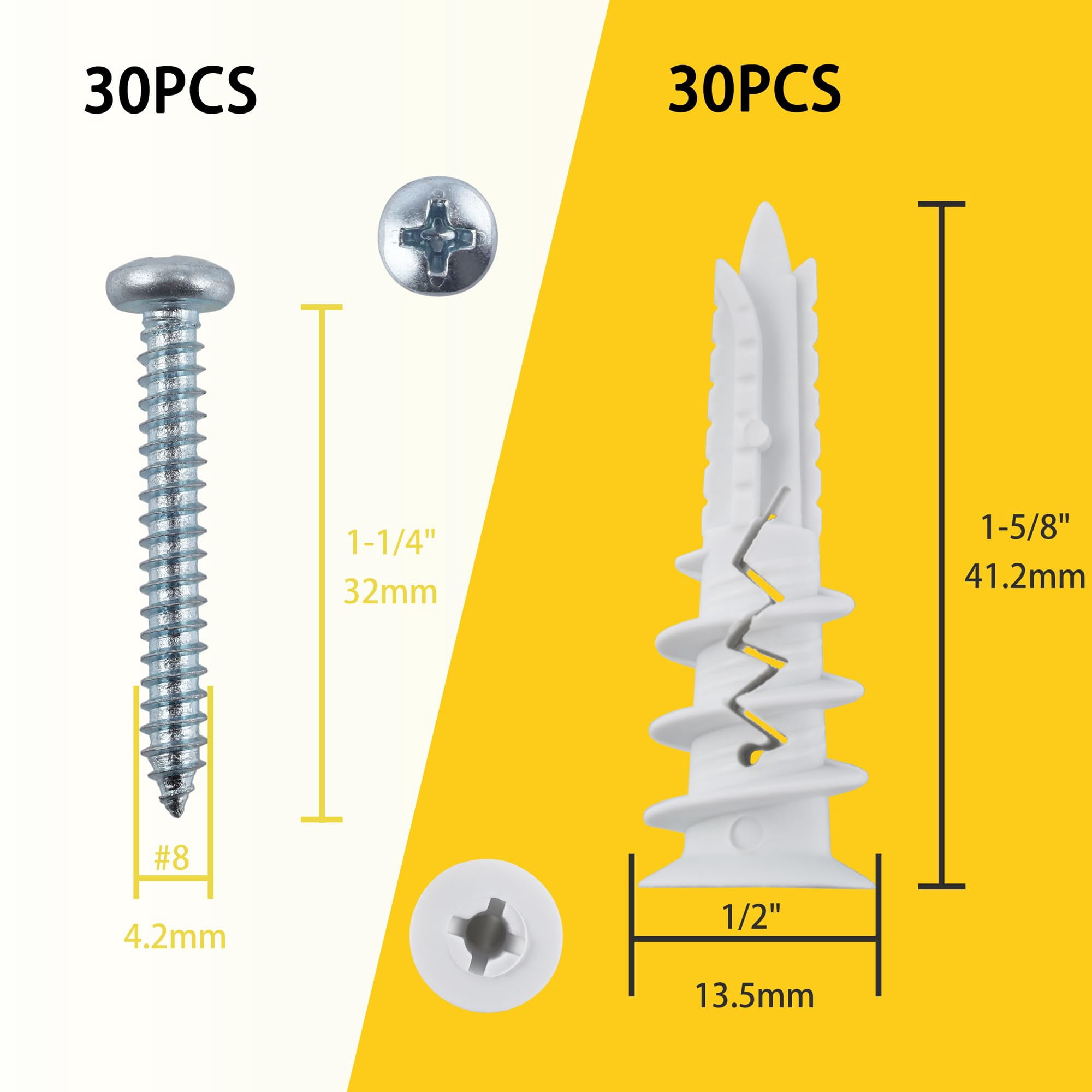 60PCS Self Drilling Drywall Anchors and #8 Screws, Wall Anchors for Drywall Heavy Duty Holds Upto 75LB, No Pre Drill Hole Required, Dry Wall Screws and Anchors Kit
