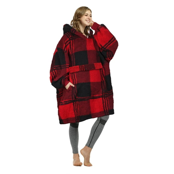 Catalonia Couverture à Carreaux Rouges Surdimensionnée Portable Chandail à Capuche Confortable Sherpa Lounge Chandail pour Adultes Hommes Femmes Femme Petite Amie Cadeau pour Elle