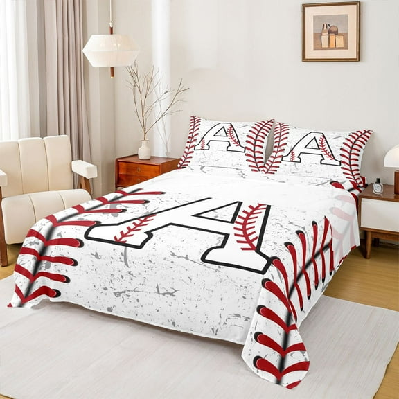 Manfei Letter A Monogrammed Twin Sheet Sets,Baseball Game Lover Twin Fitted Sheet,White Red Flat Sheet For Boys,Microfiber Room Decorative,3pcs