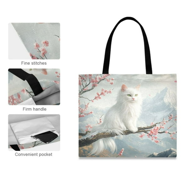 Canvas Tote Bag for Women Girls Design Print White Cat on Branch in Cherry Blossom Tote