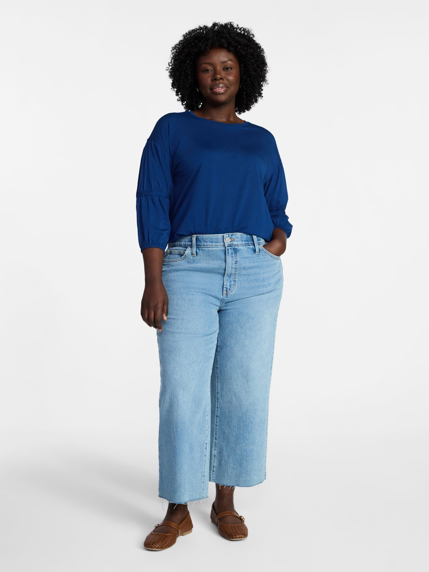 Terra & Sky Women's Plus Size Double Blouson Top with 3/4-Length Sleeves, Sizes 0X-5X