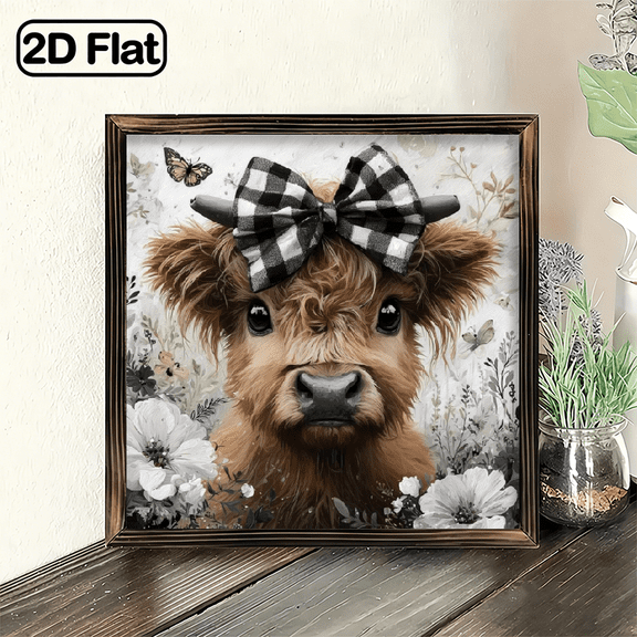 2D Flat, 1Pc Wood Frame Sign Highland Cow Rustic Plaid Highland Cow Farmhouse Wall Art Paintings Ideal Gift For Living Room Bedroom Corridor Wall Decor Room Decoration Ready to Hang 8x8inch