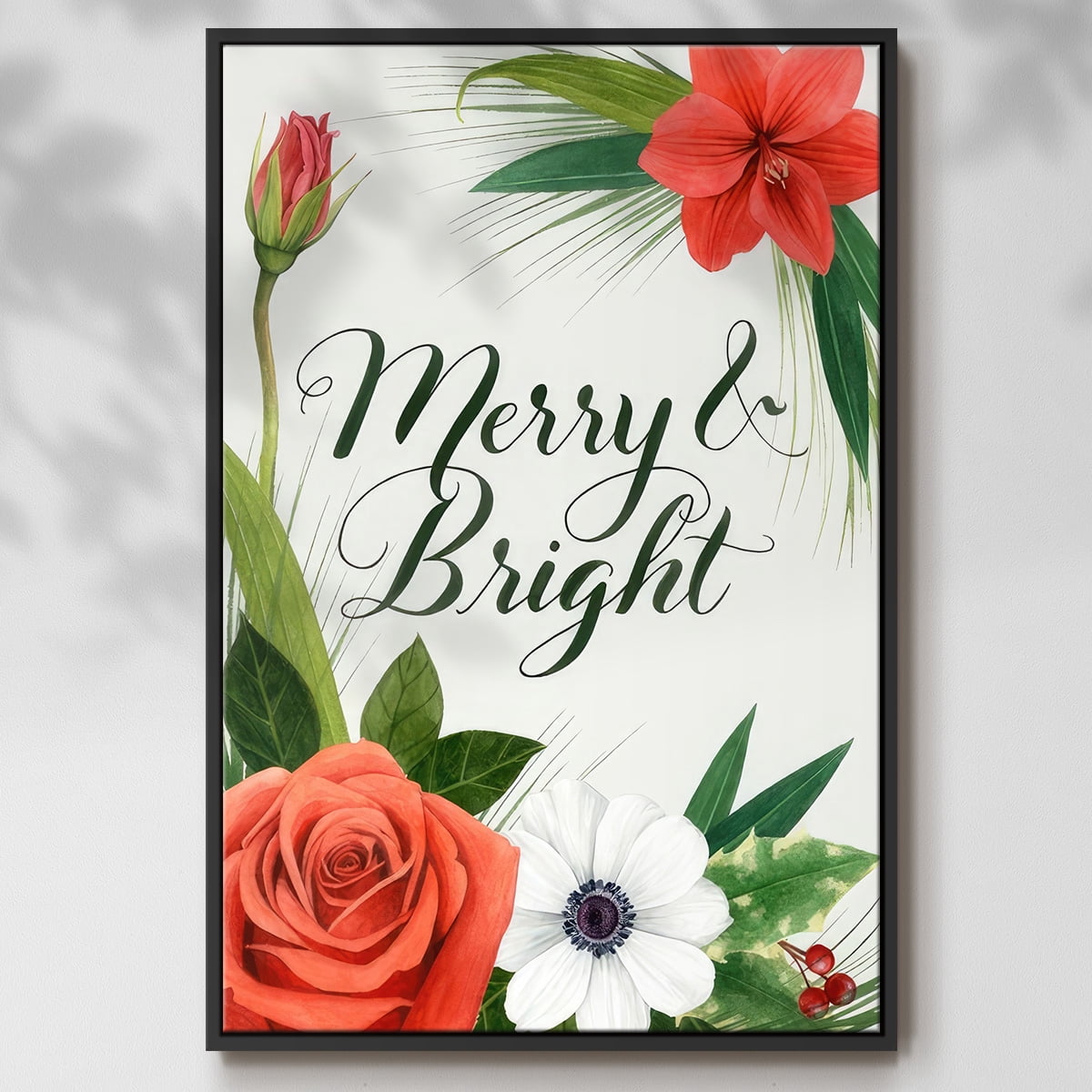 Christmas Flora Wreath Collection B - Framed Gallery Wrapped Holiday Canvas - 17 x 25 - Black Frame