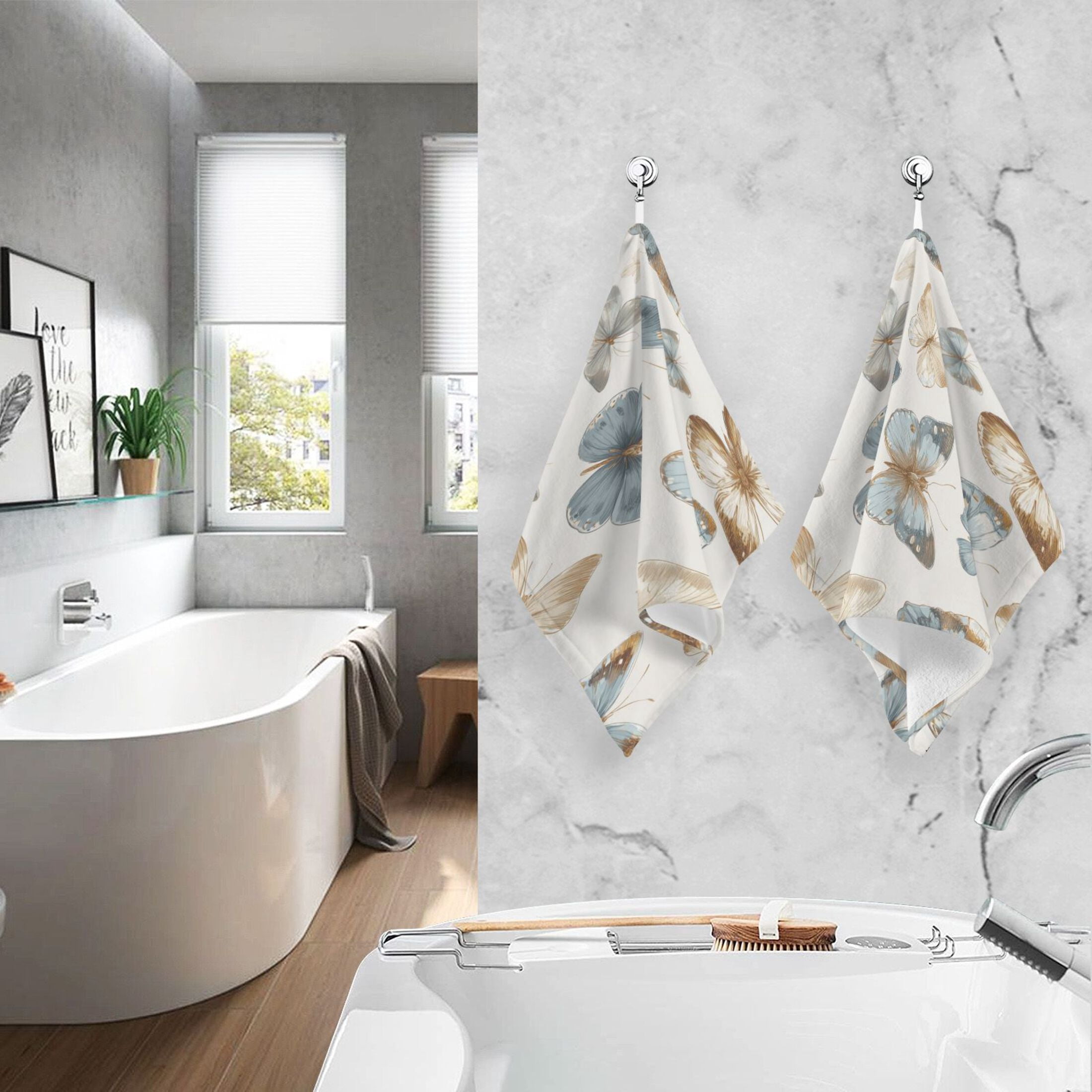 2 Pieces of Cotton Towel Face Towel Set Hand Towel Bath Towel Cotton Bath Towel Sets Blue Brown Cream Butterfly