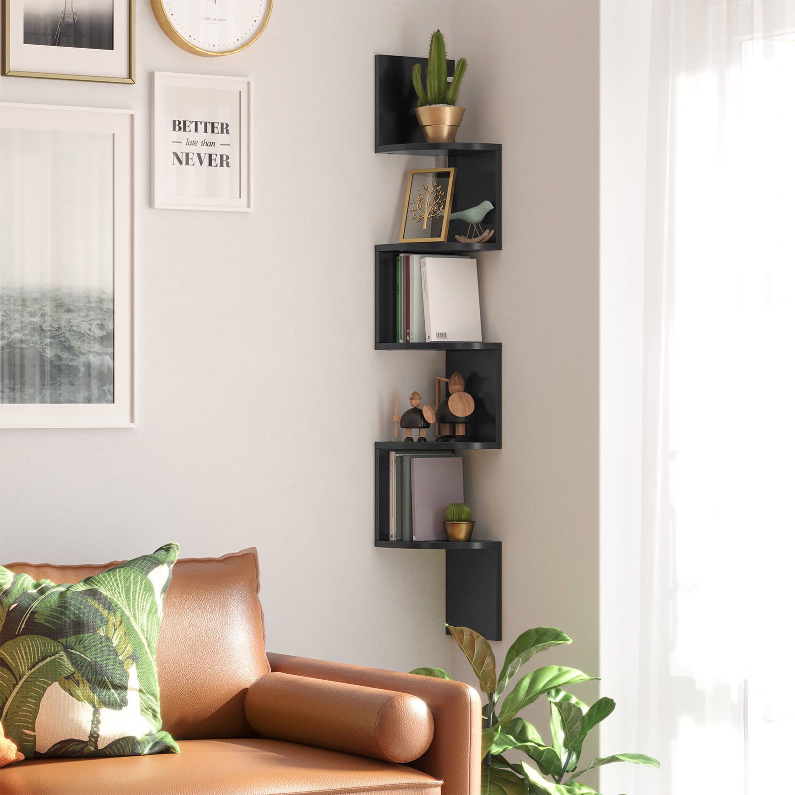 Corner Shelf Wall Mount 5-Tier Floating Corner Bookshelf Plant Shelf for Bedroom Living Room Bathroom Home Office Ink Black