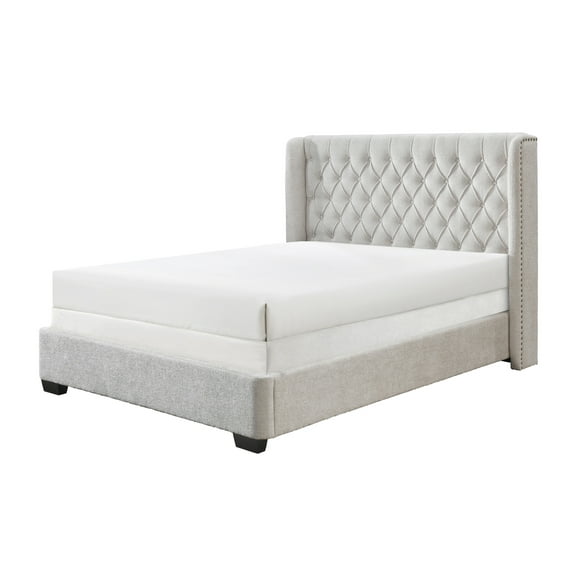 Contemporary Upholstered Queen Bed, Tufted Winged Headboard, Soft Tweed Fabric, Light Gray
