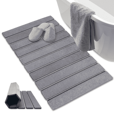 Large Foldable Stone Bath Mat 24" x 16" – Diatomaceous Earth Shower Mat, Quick Dry, Non-Slip, Super Absorbent, Easy to Clean, Dark Grey