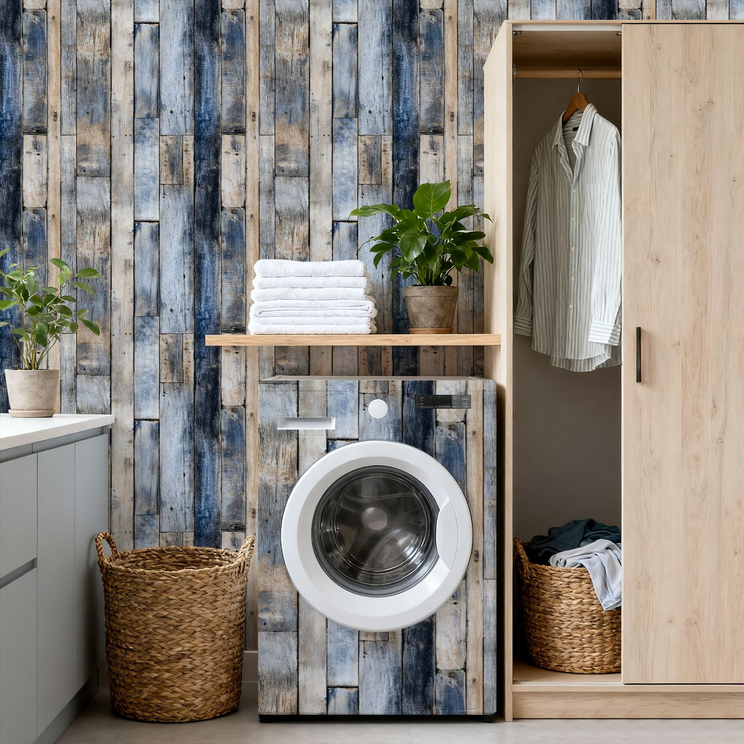 Peel and Stick Wallpaper Rustic Blue Brown Wooden Plank Wall Distressed Texture Wall Mural 17.7in x 9.8ft Self Adhesive Removable Wall Paper Renter Friendly Wallpaper for Nursery Bedroom Cabinets