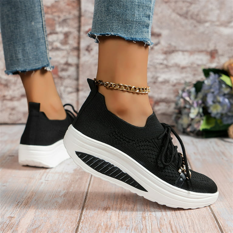 Aayomet Platform Sneakers Ladies Fashion Solid Color Breathable Mesh Metal  Chain Lace Up Platform Casual Sports Shoes,Black 6.5
