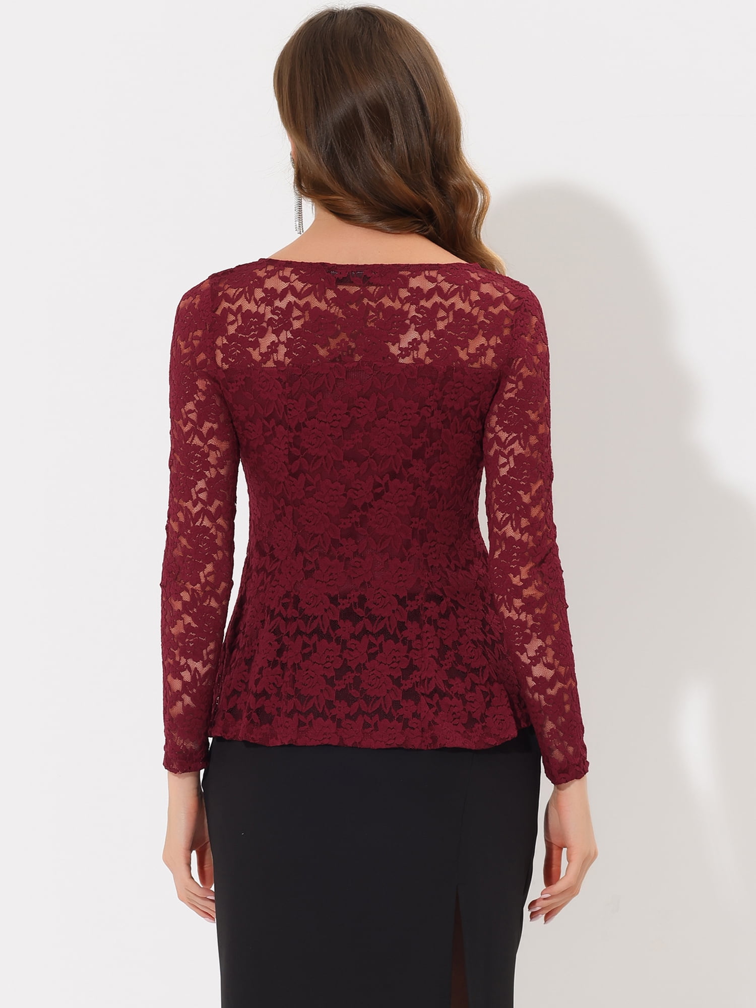 DARING DIVA Lace Peplum Tops Elegant Floral Lace Blouse S Burgundy