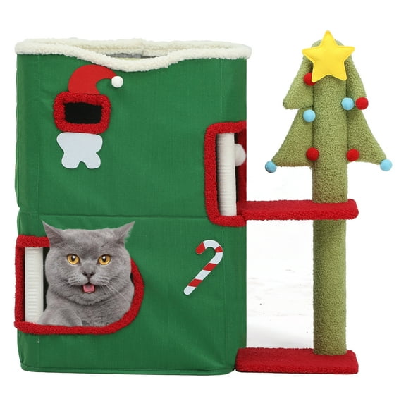 Dextrus Christmas 2 Level Cat House, Indoor Cat Flap Bed Play House, Covered Cat Bed with Scratch Pad & Hideaway Cave, Suitable for Multiple Kitten