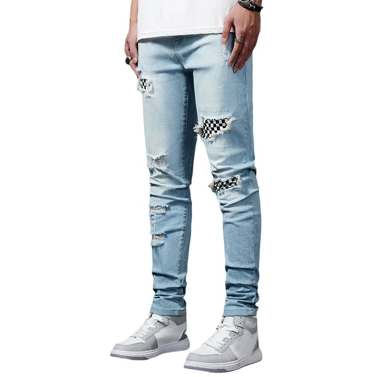 TheFound Men's Skinny Distressed Ripped Jeans Destroyed Stretchy Knee Holes Slim Tapered Jeans Light Blue 31 - Walmart.com