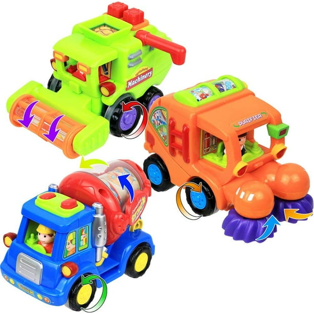 Click N Play Set Of 3 Assorted Bright Colored Friction Powered Car Toys For Kids Cement Truck Street Sweeper And Harvester Truck Walmart Com Walmart Com