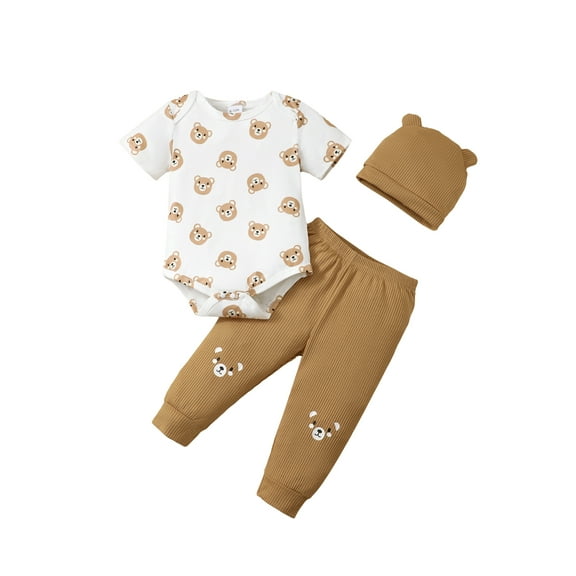 KIMI BEAR 12 Months Infant Baby Boys Summer Outfit Sets 18 Months Short Sleeves Bear Print Romper Top   Pants   Hats 3PCS Clothes Baby Boys Gifts White 12-18M