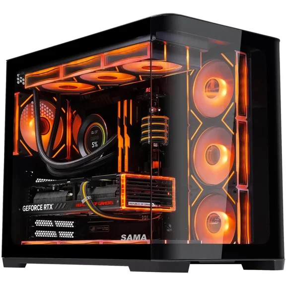 SAMA 2851 ATX Mid-Tower PC Gaming Case, High-Airflow, Sturdy Curved Tempered Glass Front, 4 ARGB PWM Fan Pre-installed with Fan Hub, Black