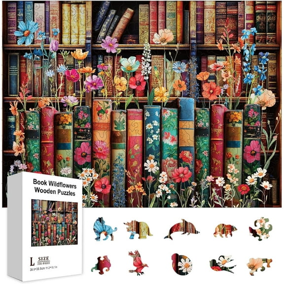 300Pcs Books Wild Flowers Wooden Jigsaw Puzzles for Adult Learning Bookshelf Wooden Puzzles Colorful Unique Shaped Wood Puzzles Birthday Gifts for Preschool Learning diy