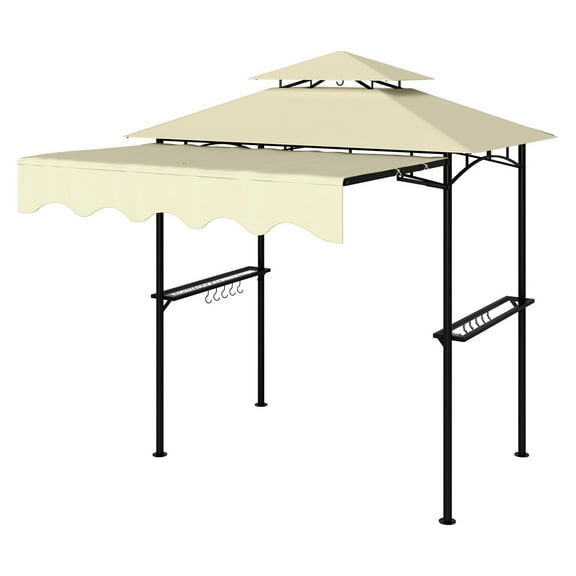 SAZYY 8x5 Outdoor Grill Gazebo with Side Awning & 2 Shelves, Barbecue Shelter with 6 Hook for Patio Lawn Backyard, Beige