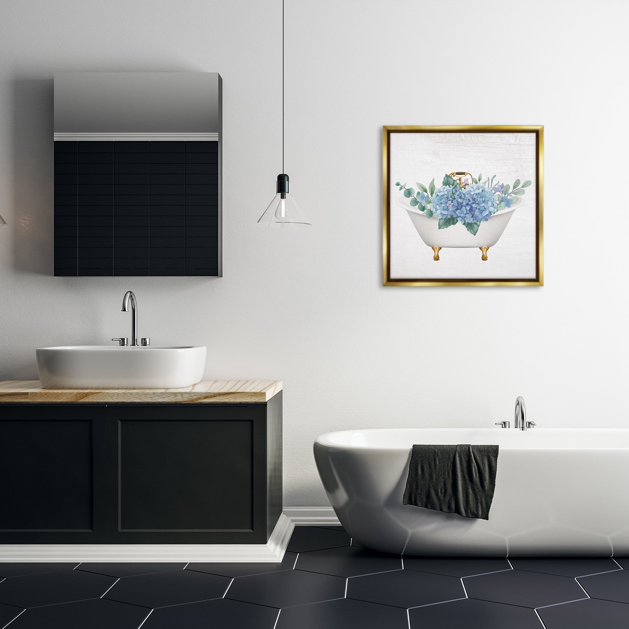 Stupell Industries Chic Bathtub with Hydrangea Blossoms Botanical & Floral Painting Gold Floater Framed Canvas Art Print Wall Art, 25 x 25