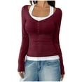 thumbnail image 4 of Lenpel Women's Long Sleeve T-Shirts Square Neck Quarter Button Color Block 2 in 1 Slim Tee Tops Soft Casual Blouses(Wine,Medium), 4 of 6