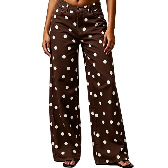 Sorvello Women's Polka Dot Pattern Barrel Jeans Casual Wide Leg Mid Rise Denim Pants Y2K Cute Jeans Wine L