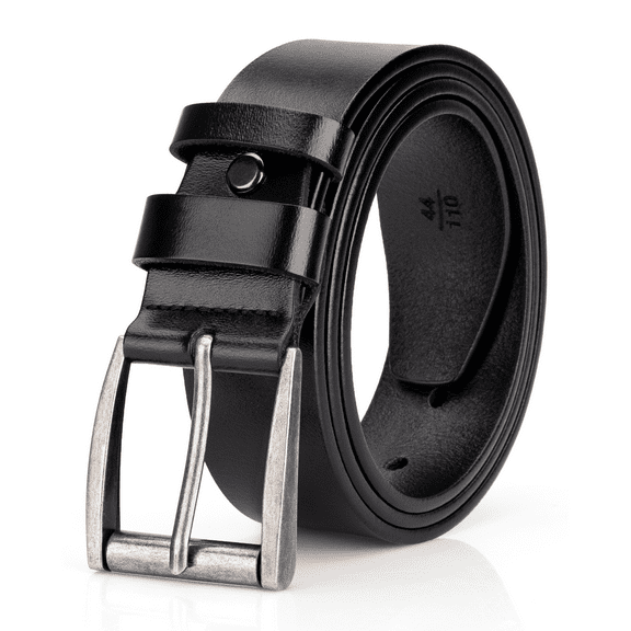Punplita Men's Black Genuine Leather Belt with Retro Silver Buckle