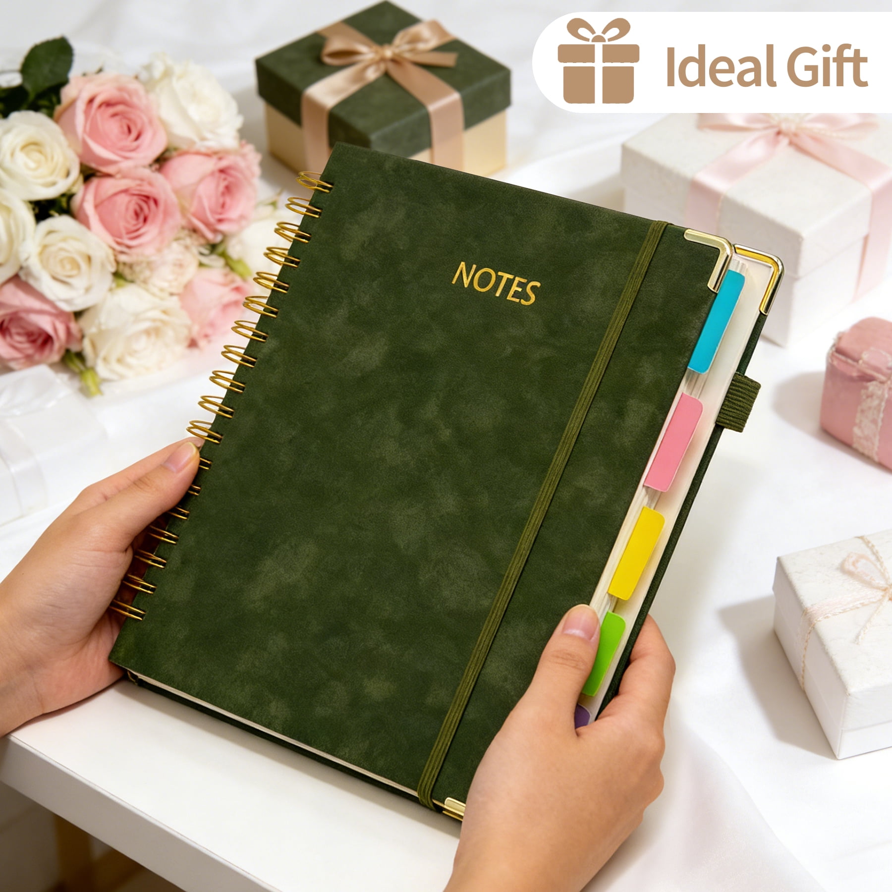 1Pack Hardcover Spiral Notebook with Tab, Ruler &  Removable Dividers, 300 Pages 8"x10" Large B5 Faux Leather Notebooks, 5 Subject Notebook College Ruled for Work, Home (Green)