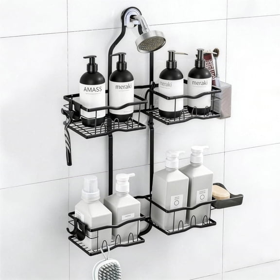 Beslands Hanging Shower Caddy for Handheld Shower head, Sturdy Rustproof Shower Organizer with Soap Basket & 10  Hooks, Anti-Swing Bathroom Storage Shelf, Black for summer
