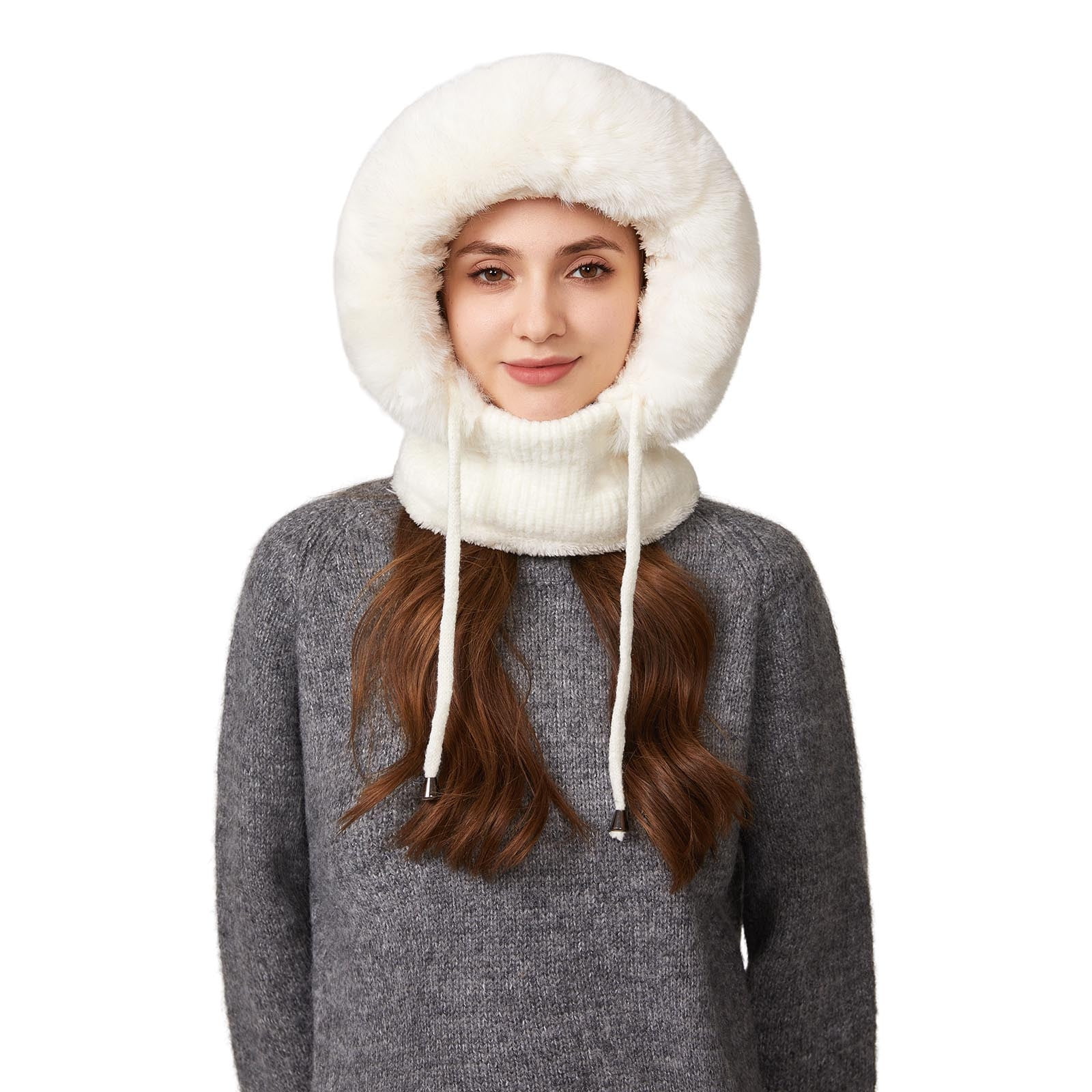 YZEGDCH White Women One Piece Slouchy Fleece Thicken Beanie Winter Hats Scarf Mask Drawstring Warm Hooded Winter Balaclava Pullover Knitted Winter Hat, Birthday Valentines Gift for Women