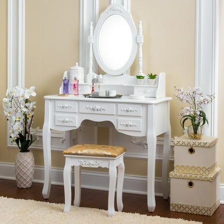 Fineboard Vanity Set With Stool Mirror Makeup Table With 7