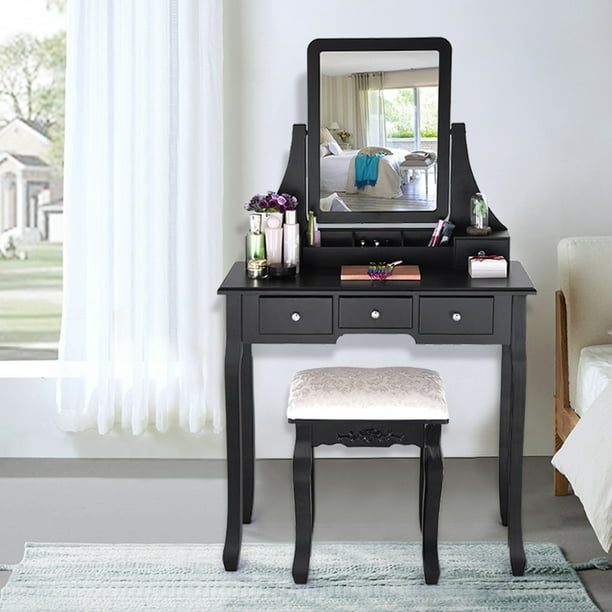 Vanity Mirror With Desk, Cotonie Vanity Set With Lighted Mirror Cushioned Stool Dressing Table Makeup