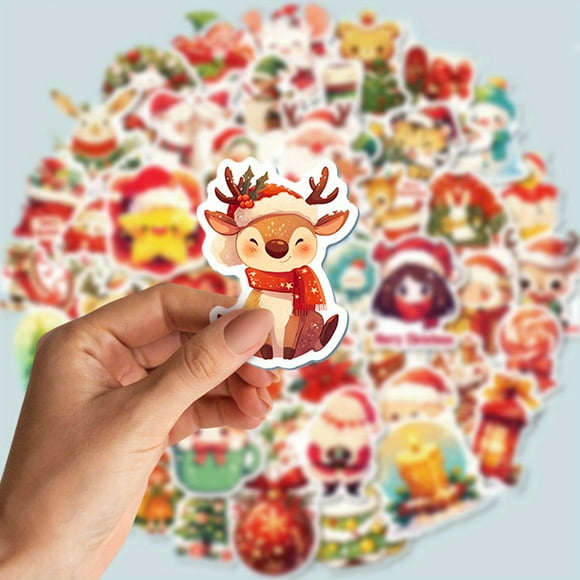 50pcs Christmas Santa & Reindeer Waterproof Stickers - Durable, Reusable Decals For Laptops, Phones, Skateboards, Guitars, Cars, And More - Sparkly Red Cartoon Designs
