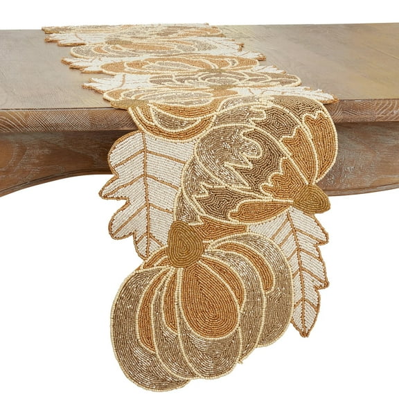 Fennco Styles Contemporary Beaded Pumpkin 13 x 35 Inch Table Runner – Gold Table Cover for Thanksgiving Dinner, Family Gathering, Special Events and Home Décor