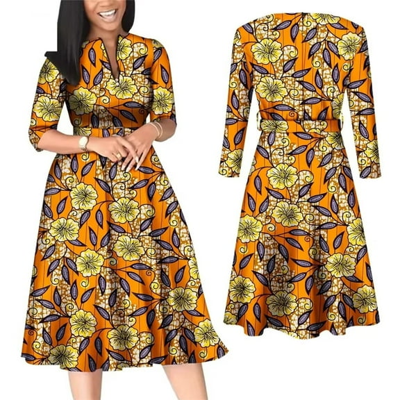 BintaRealWax African Women Dresses Elegant V Neck Office Midi Dresses with Belt Riche Cotton Big Hem Midi Dress Africa Print Clothing batik flower cloth WWY7886