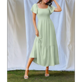 thumbnail image 4 of Women Summer Casual Square Neck Flutter Sleeve Boho Smocked A-Line Flowy Tiered Modest Midi Sun Dress with Pockets Light Green L, 4 of 7