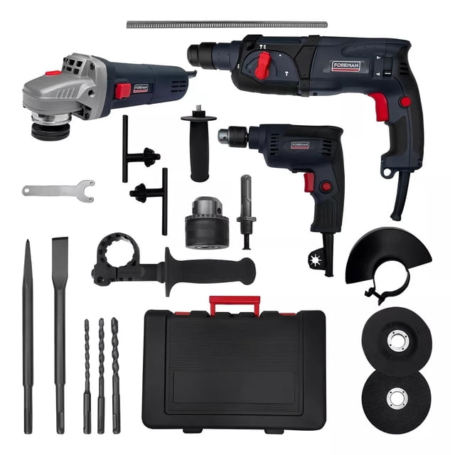 Combo Rotomartillo + Esmeriladora + Taladro FO2470 Foreman Accesorios Herramientas Tool Kit