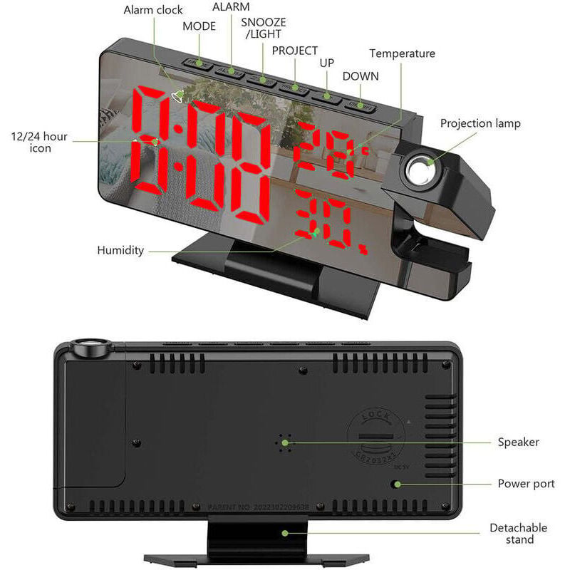 thumbnail image 3 of Reloj despertador con proyector, Reloj despertador con proyección de 180°, Reloj digital con pantalla LED de espejo, Puerto USB, Función de repetición, 4 niveles de brillo, 12/24 horas (Estuche negro, 3 of 5