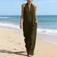 thumbnail image 2 of Neewe Womens Plain Linen Wide Leg Sleeveless Jumpsuits | V Neck Cutout High Waist Rompers, Breathable Lightweight, Beach Vacation Pants Outfit, Casual Dressy, Fall Winter Resort Wear, 2 of 9