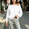 thumbnail image 5 of Nugftut Sweatshirts for Women Off Shoulder Fleece Crewneck Casual Long Sleeve Shirts Loose Fit Tops, 5 of 8