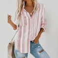 thumbnail image 3 of TIHLMK Long Sleeve Blouse Shirt Womens Fashion V Neck Striped Roll Up Sleeve Button Down Blouses Tops With Pocket Loose Shirt Pink, 3 of 9