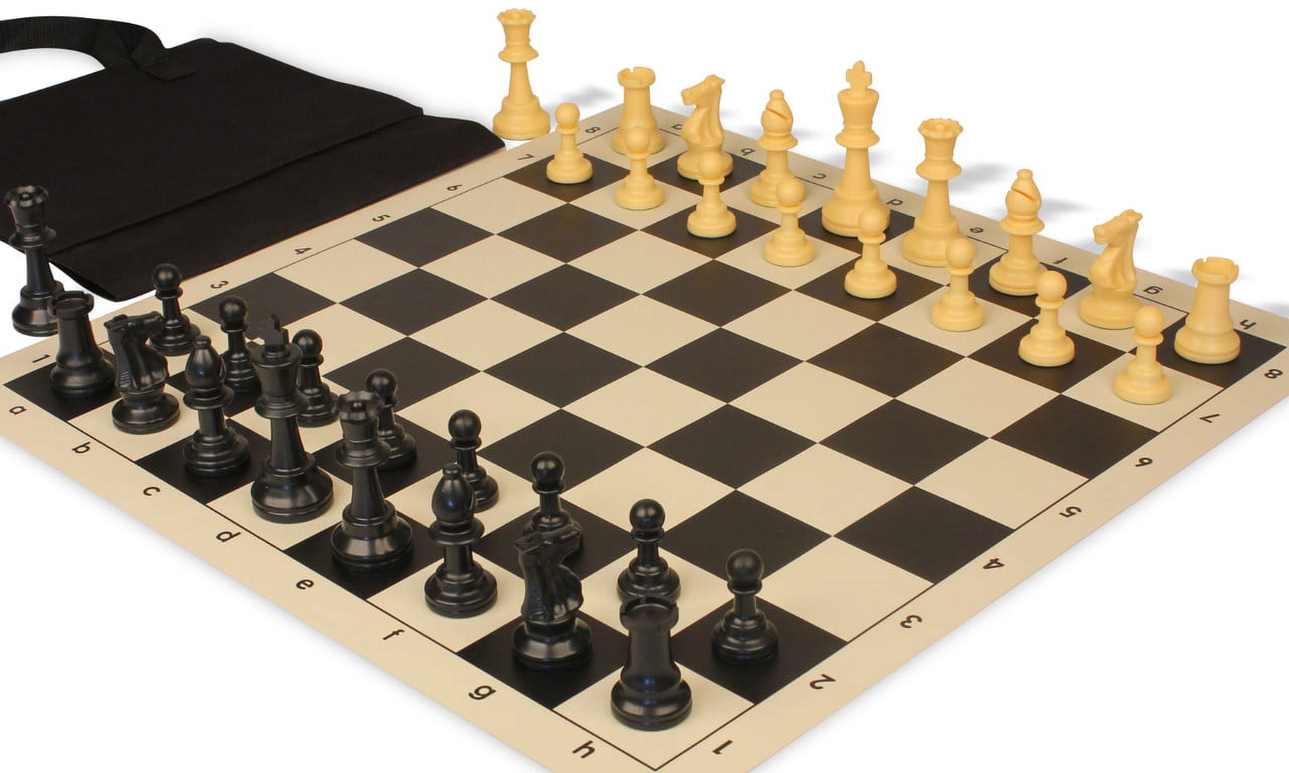 Standard Club Easy-Carry Plastic Chess Set - Black & Camel Pieces with Vinyl Rollup Board - Black
